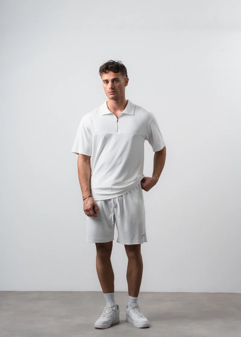 Men's Polo Collar Regular Fit T-shirt and Shorts Set Ecru