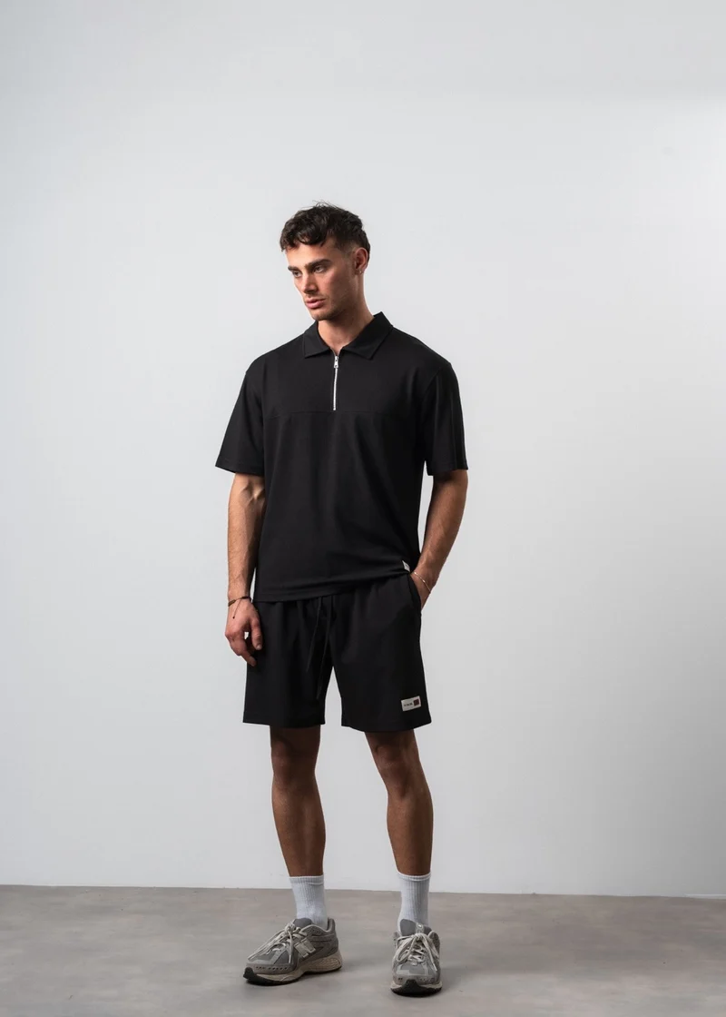 Men's Polo Collar Regular Fit T-shirt and Shorts Set Black