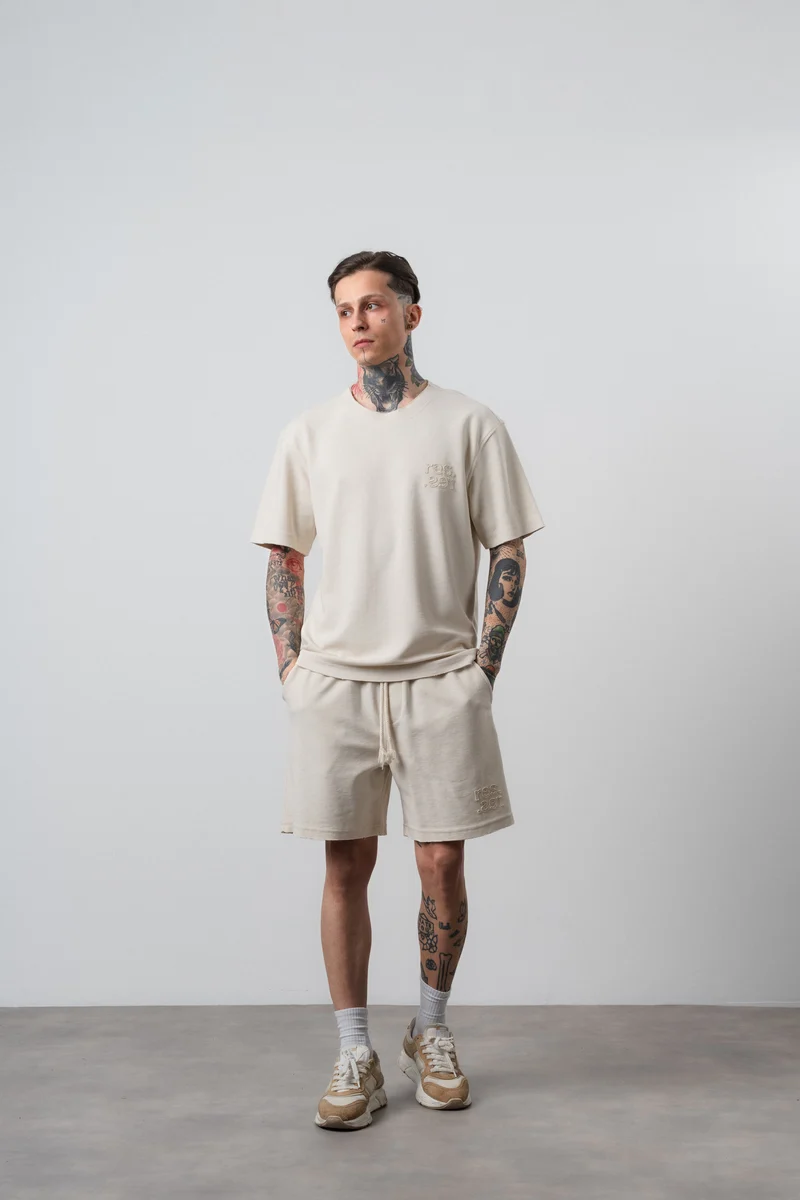 Men's Dirty Stitch Regular Fit T-Shirt and Shorts Set Beige