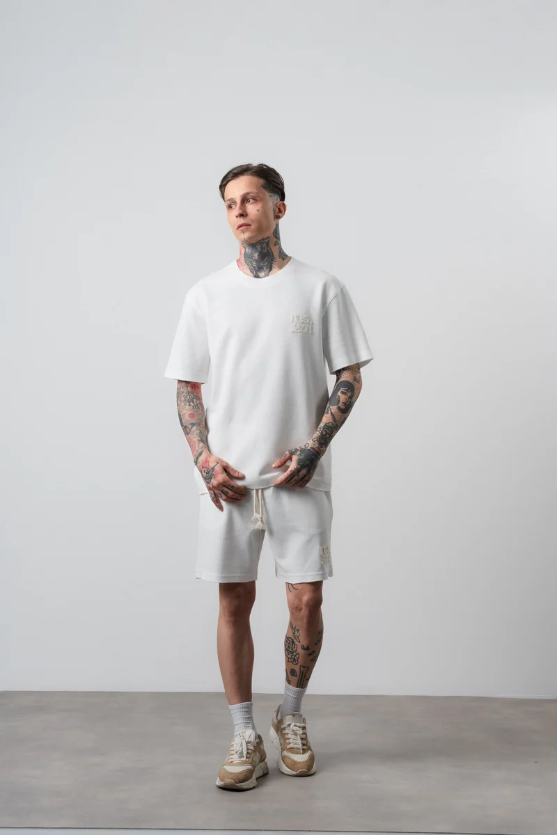 Men's Dirty Stitch Regular Fit T-Shirt and Shorts Set Ecru