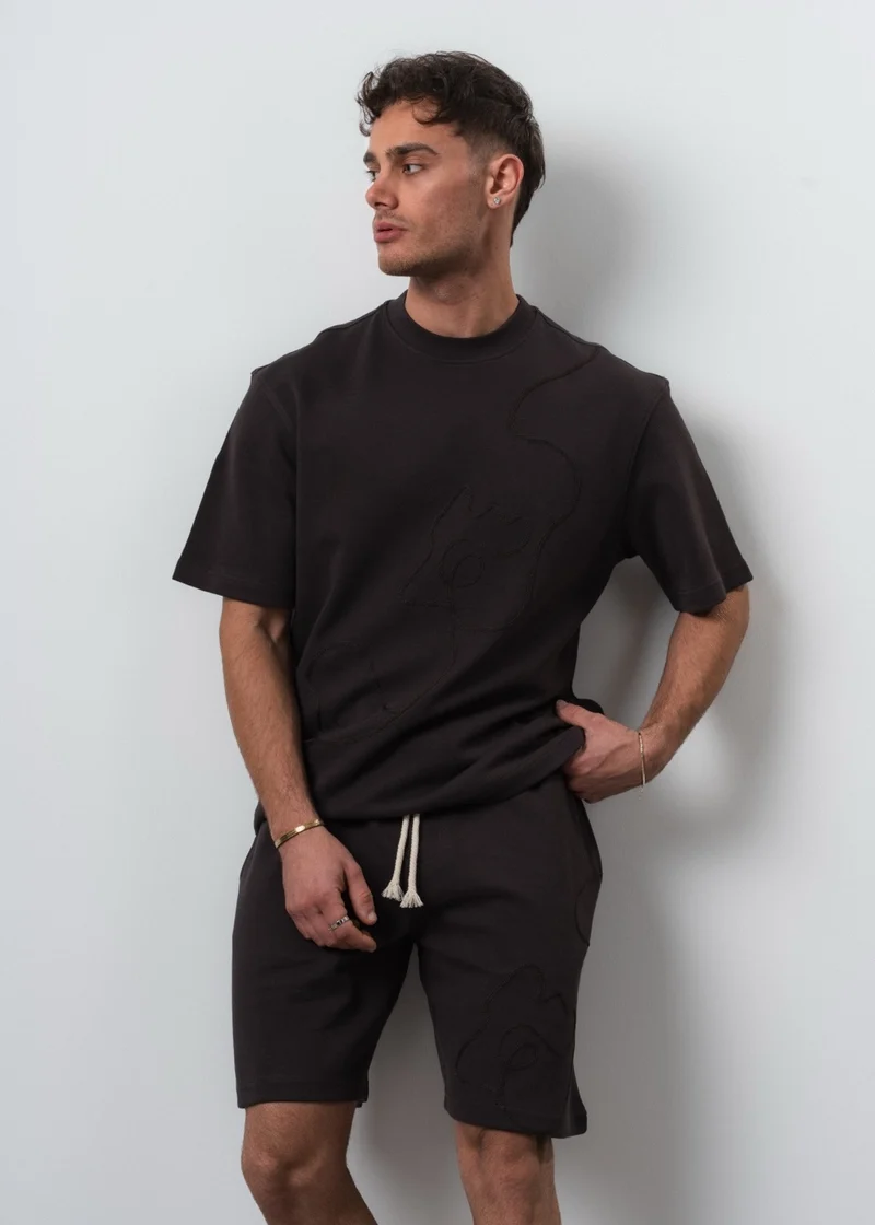 Men's Embroidered Detail Regular Fit T-Shirt and Shorts Set in Brown