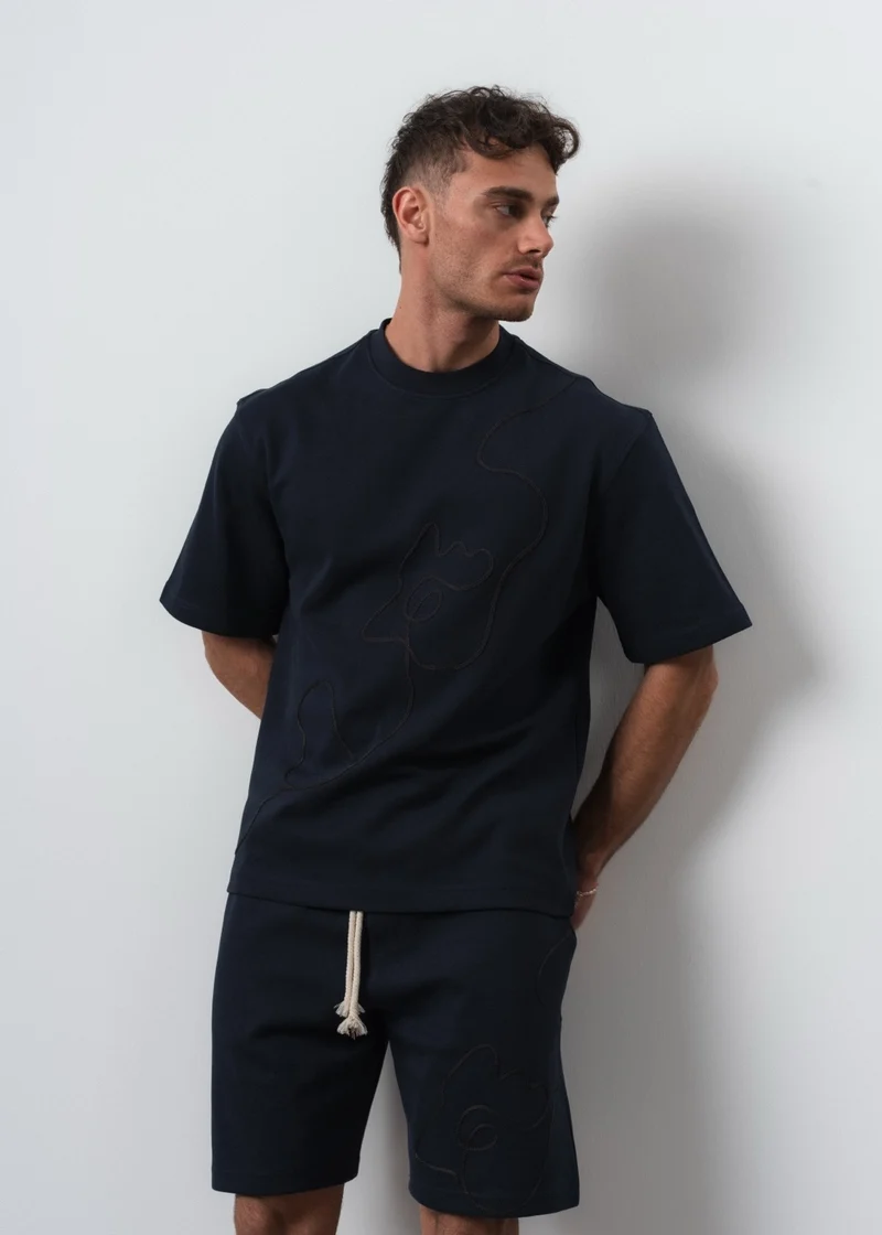 Men's Embroidered Regular Fit T-Shirt and Shorts Set Navy