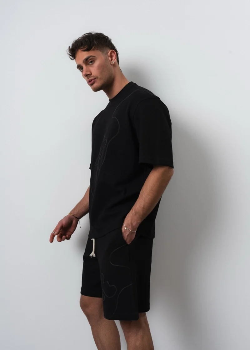 Men's Embroidered Detail Regular Fit T-Shirt and Shorts Set Black