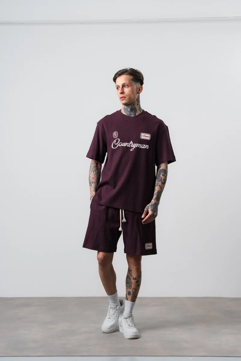 Men's Countryman Embroidered Regular Fit T-Shirt and Shorts Set Burgundy