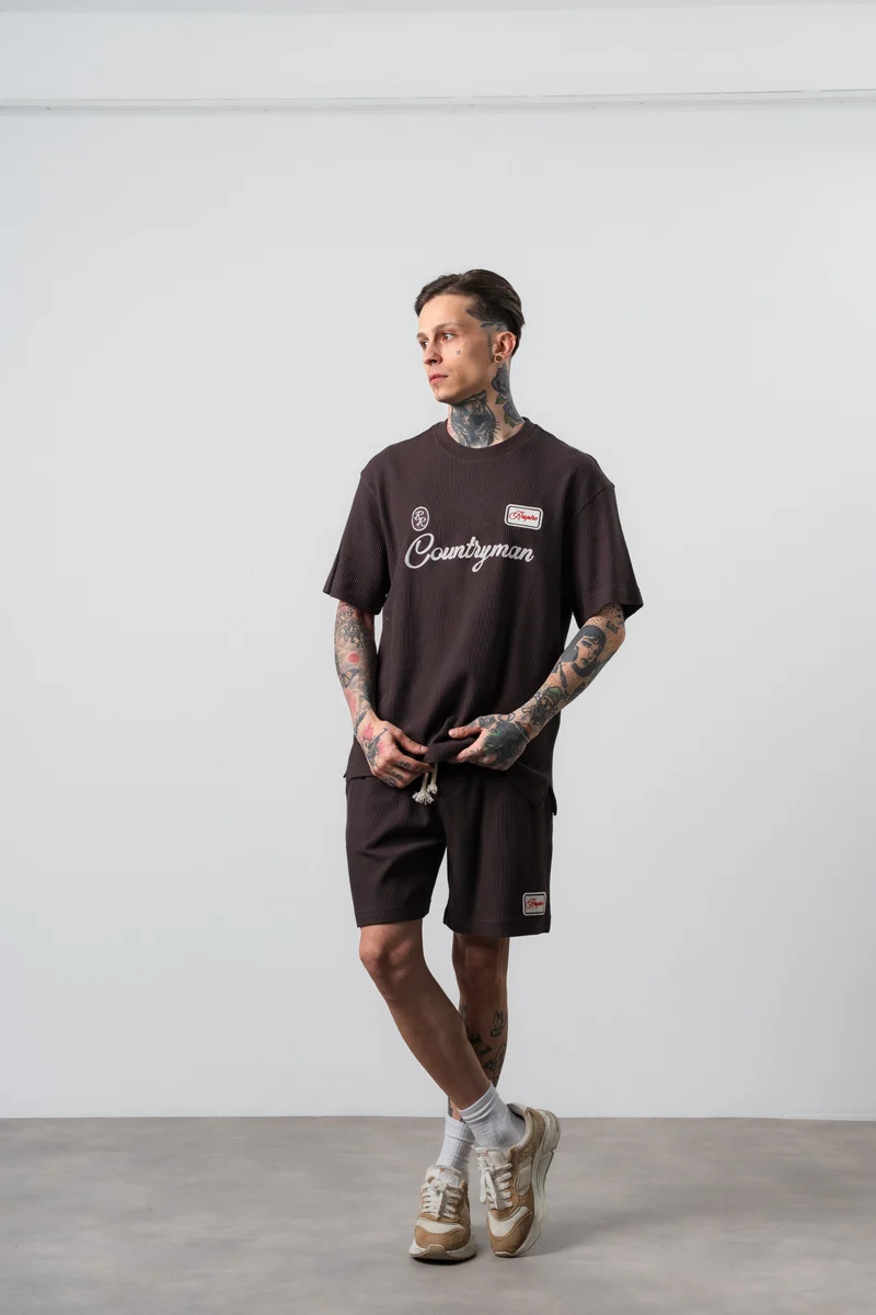 Men's Countryman Embroidered Regular Fit T-Shirt and Shorts Set in Brown