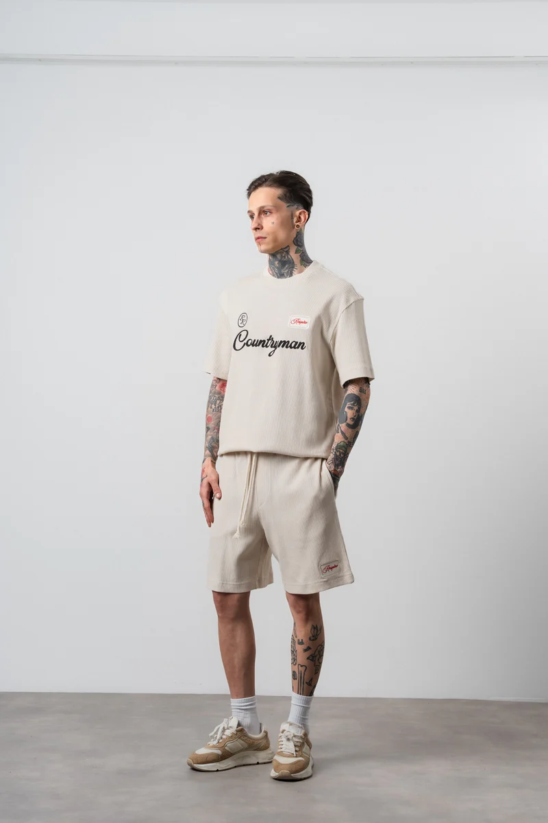 Men's Countryman Embroidered Regular Fit T-Shirt and Shorts Set Beige