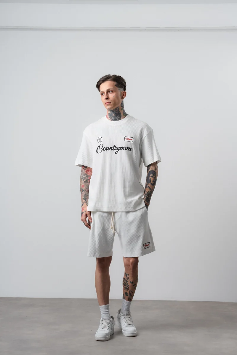 Men's Countryman Embroidered Regular Fit T-Shirt and Shorts Set Ecru