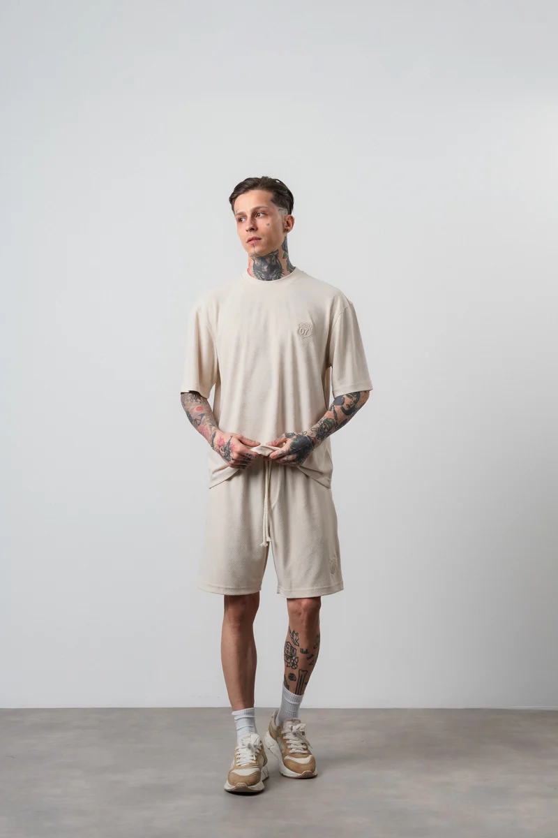 Men's Route 07 Emblem Detail Regular Fit T-Shirt and Shorts Set Beige
