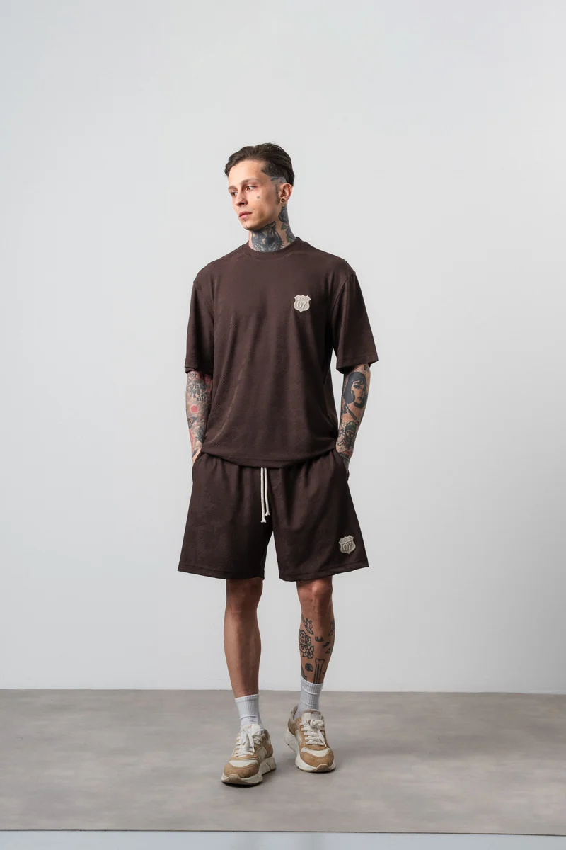 Men's Route 07 Emblem Detail Regular Fit T-Shirt and Shorts Set Brown