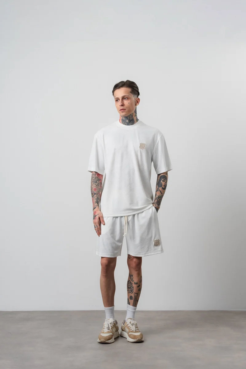 Men's Route 07 Emblem Detail Regular Fit T-Shirt and Shorts Set Ecru