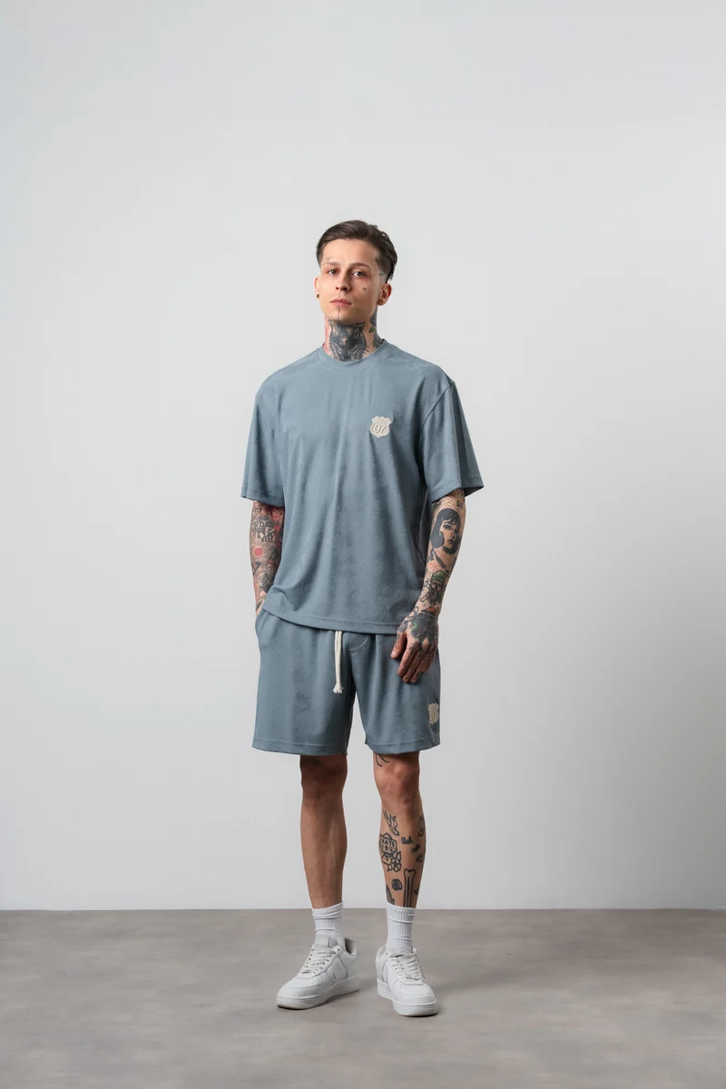 Men's Route 07 Emblem Detail Regular Fit T-Shirt and Shorts Set Grey