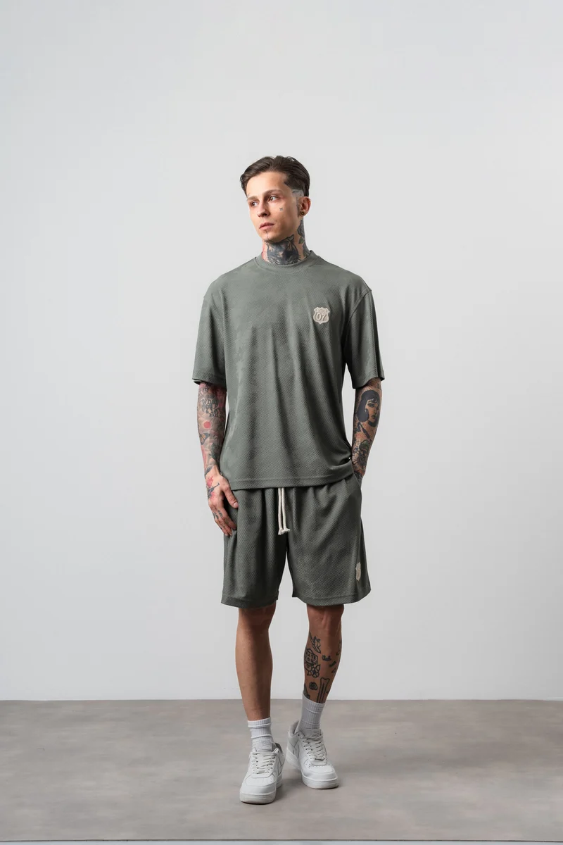 Men's Route 07 Emblem Detail Regular Fit T-Shirt and Shorts Set Khaki