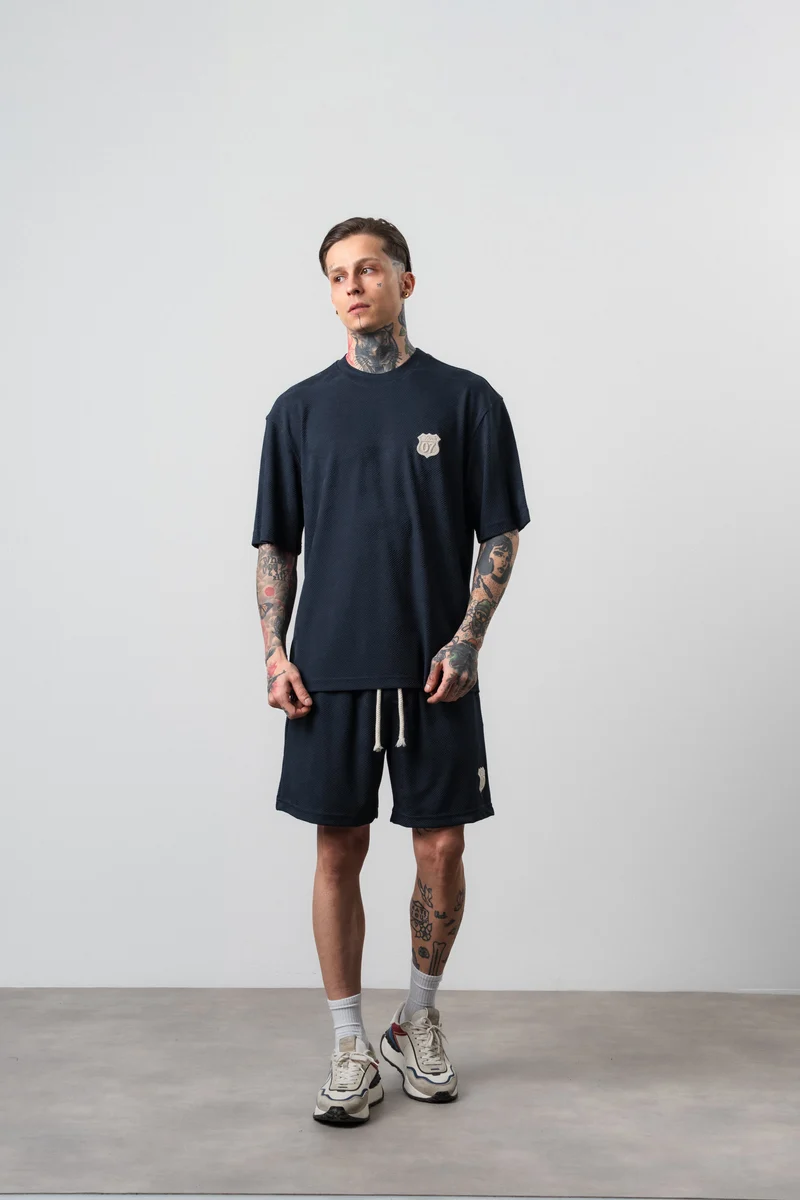 Men's Route 07 Emblem Detail Regular Fit T-Shirt and Shorts Set Navy