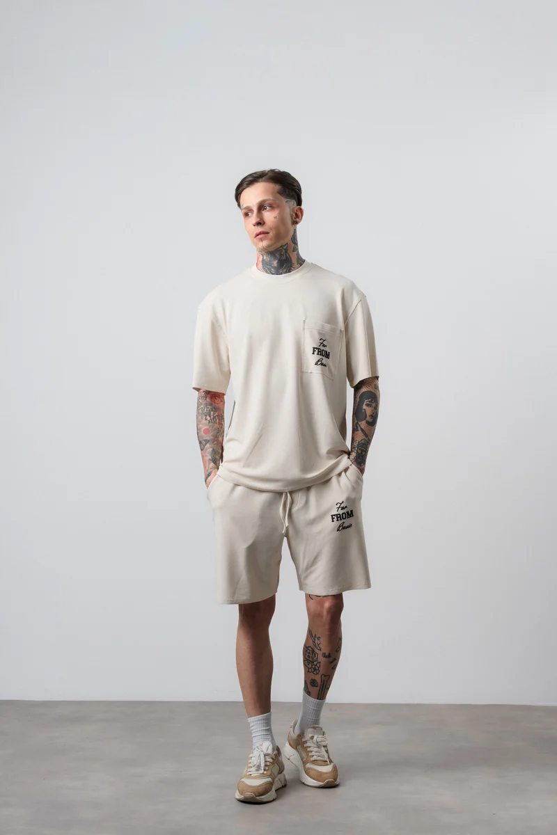 Men's Far From Basic Printed Regular Fit T-Shirt and Shorts Set, Beige