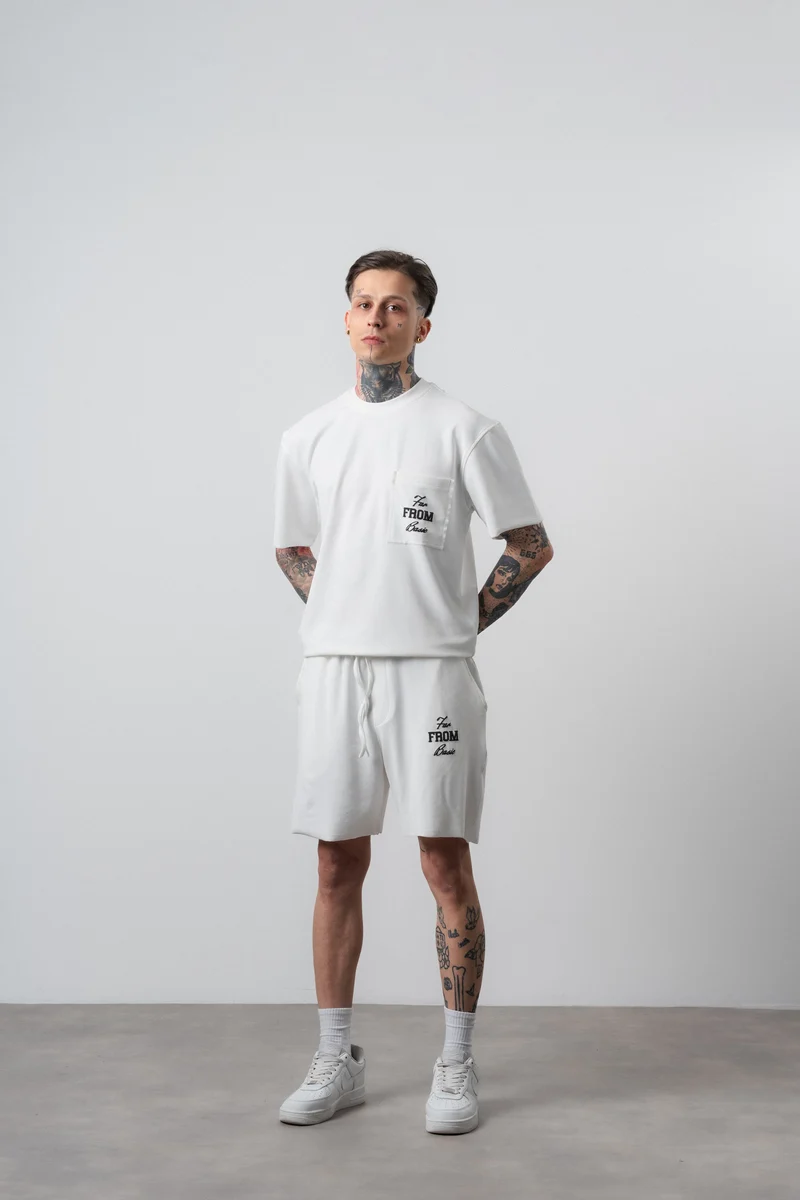 Men's Far From Basic Printed Regular Fit T-Shirt and Shorts Set, Ecru