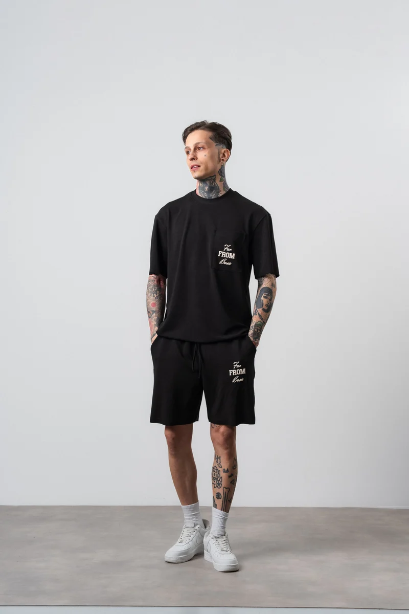 Men's Far From Basic Printed Regular Fit T-Shirt and Shorts Set, Black