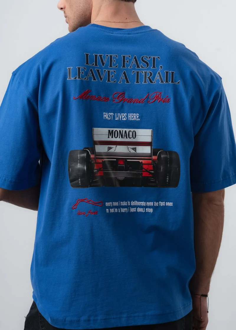 Men's Live Fast Printed Oversize T-Shirt Blue
