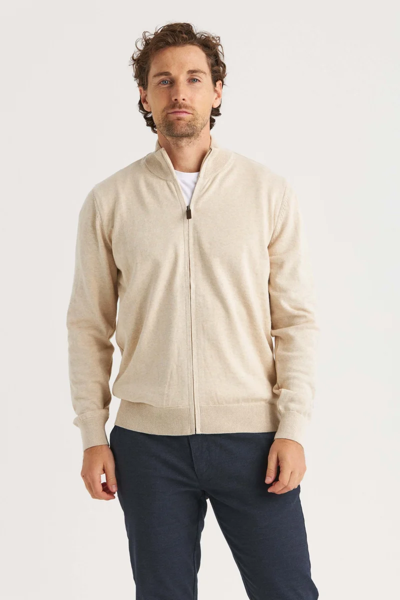 Beige bomullströja full zip