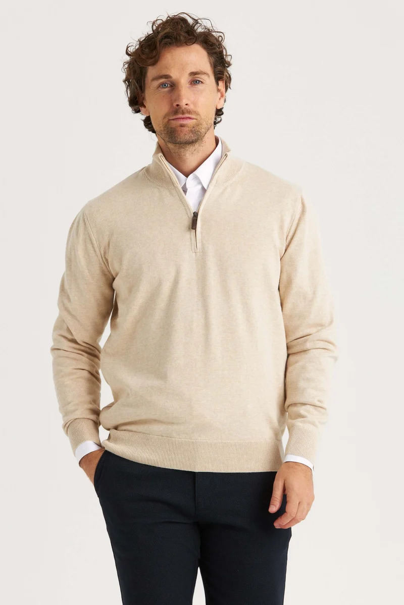 Beige bomullströja half zip