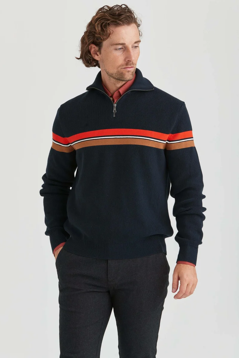 Stickad Tröja Halv-Zip Marinblå & Orange