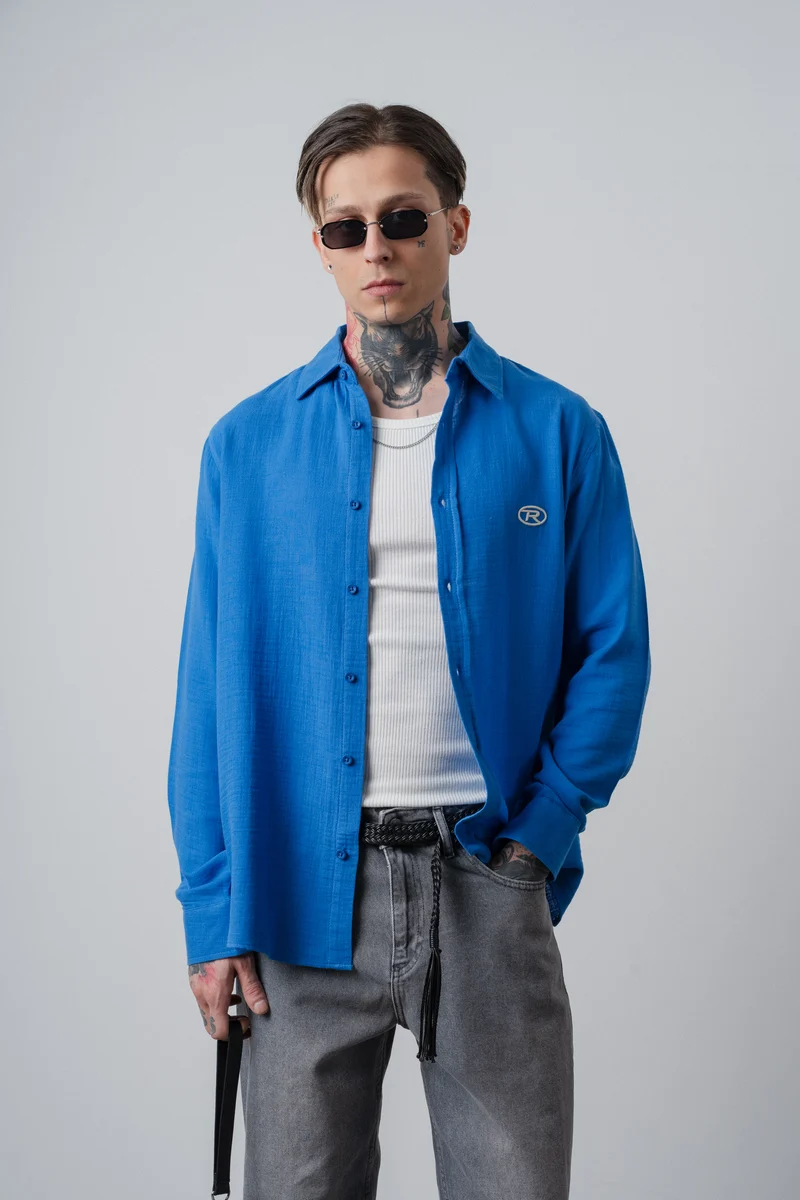Men's R Embroidered Long Sleeve Muslin Oversize Shirt Blue