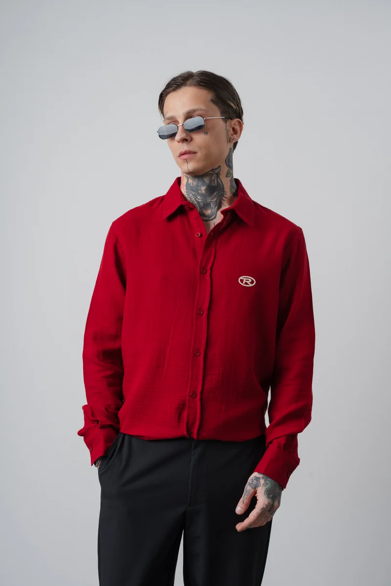 Men's R Embroidered Long Sleeve Muslin Oversize Shirt Burgundy