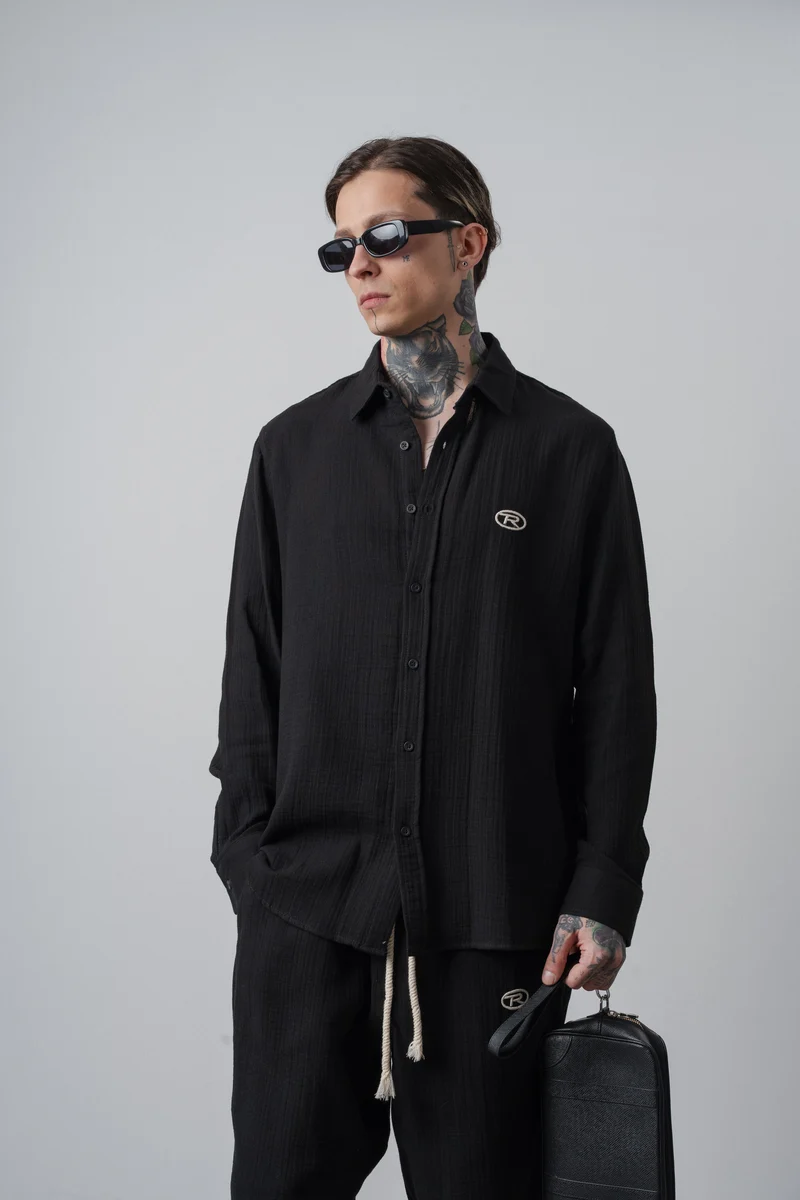 Men's R Embroidered Long Sleeve Muslin Oversize Shirt Black
