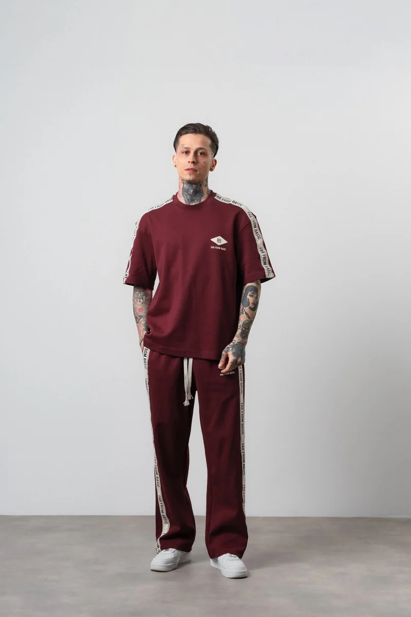 Men's Far From Basic Ribbon Detailed Regular Fit T-Shirt Trouser Set Burgundy