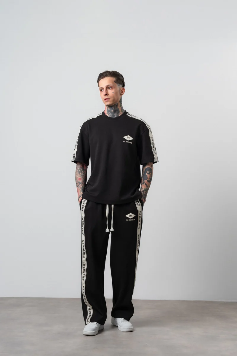 Men's Far From Basic Ribbon Detailed Regular Fit T-Shirt Trouser Set Black