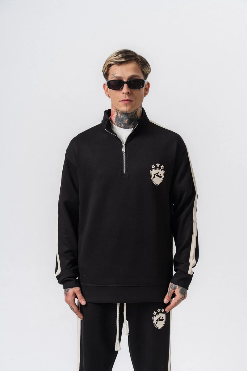 Striped Detail Half Zip Modal Sweatshirt Black