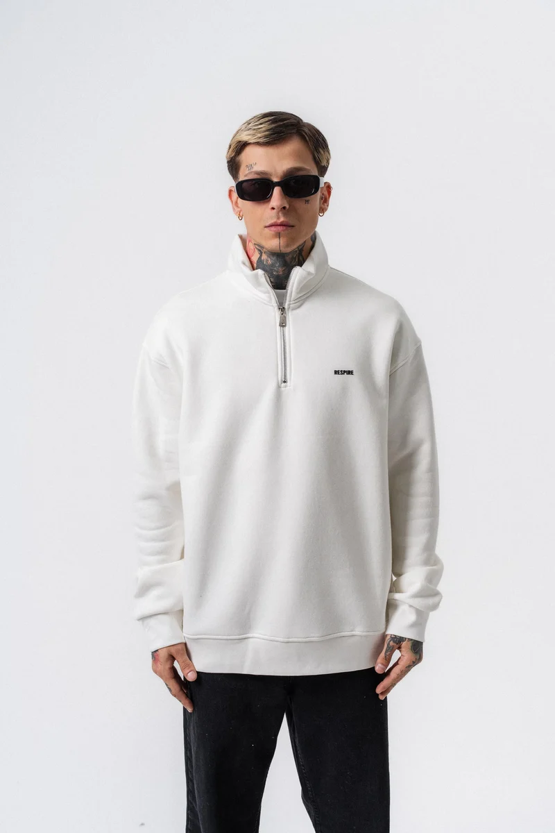 Respire Text Detail Half Zip Basic Sweatshirt Ecru
