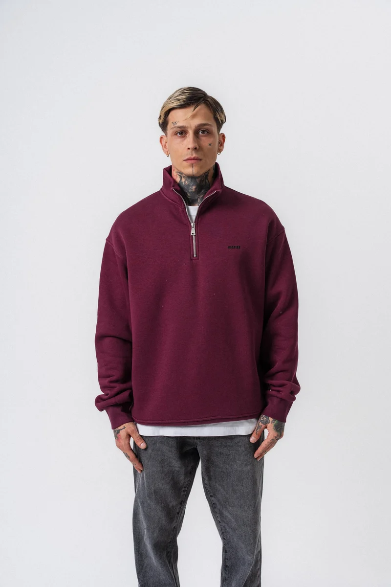 Respire Text Detail Half Zip Basic Sweatshirt Cherry