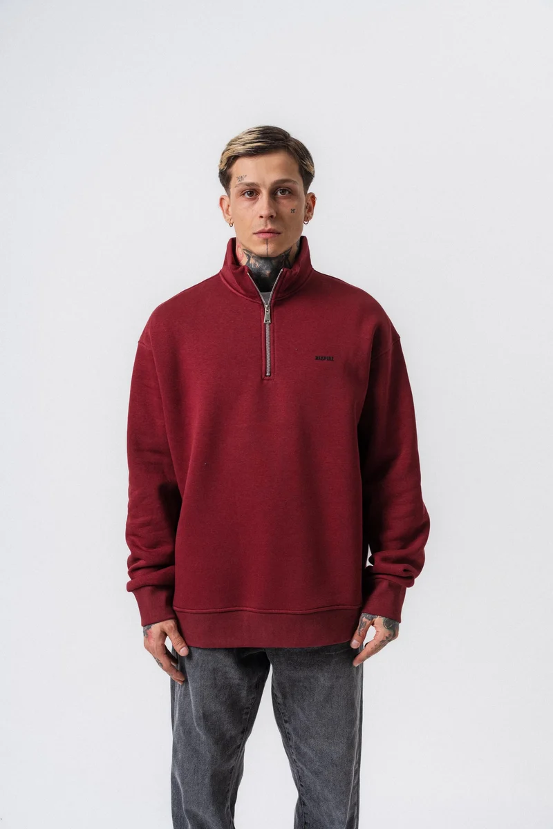 Respire Text Detail Half Zip Basic Sweatshirt Burgundy