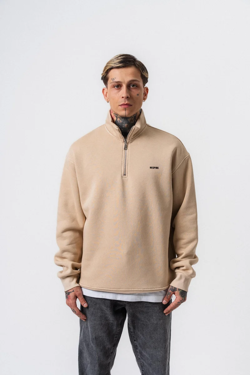 Respire Text Detail Half Zip Basic Sweatshirt Beige