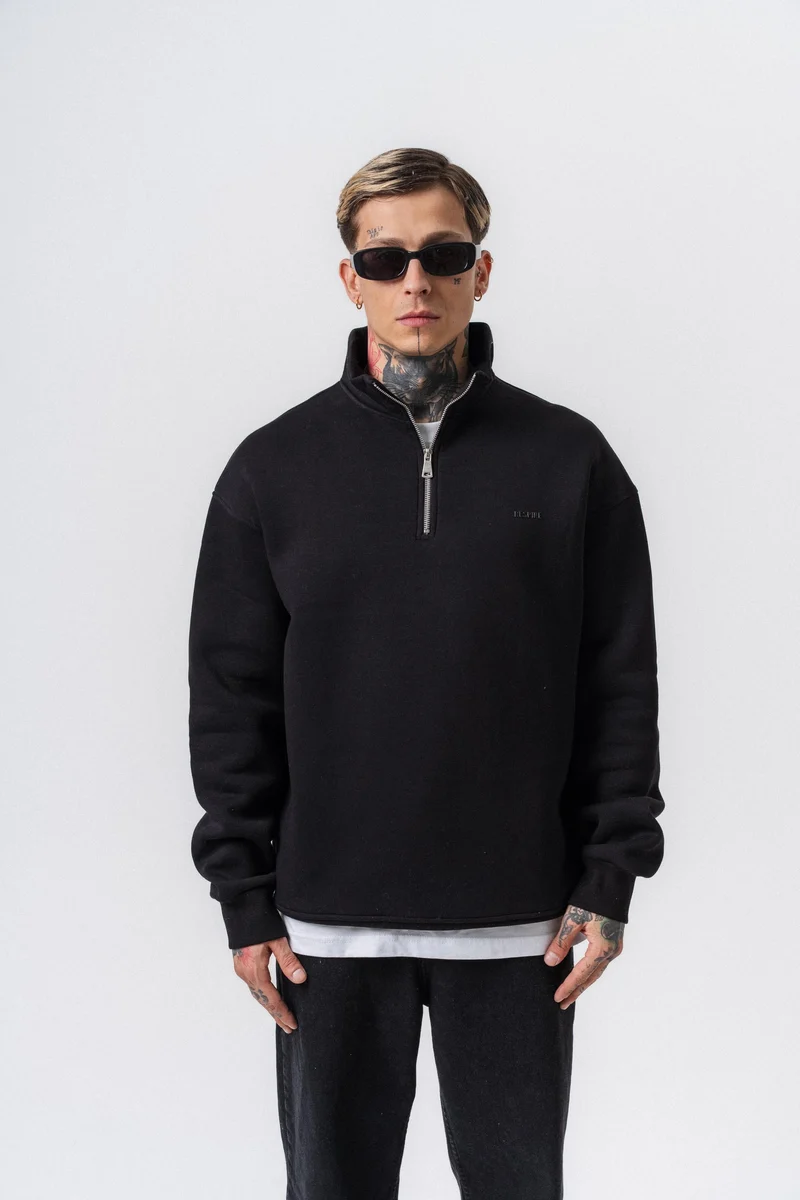 Respire Text Detail Half Zip Basic Sweatshirt Black