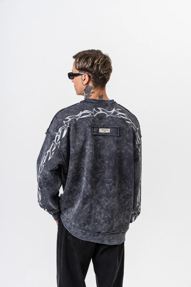 Origin Printed Washed Crew Neck Oversized Sweatshirt Black