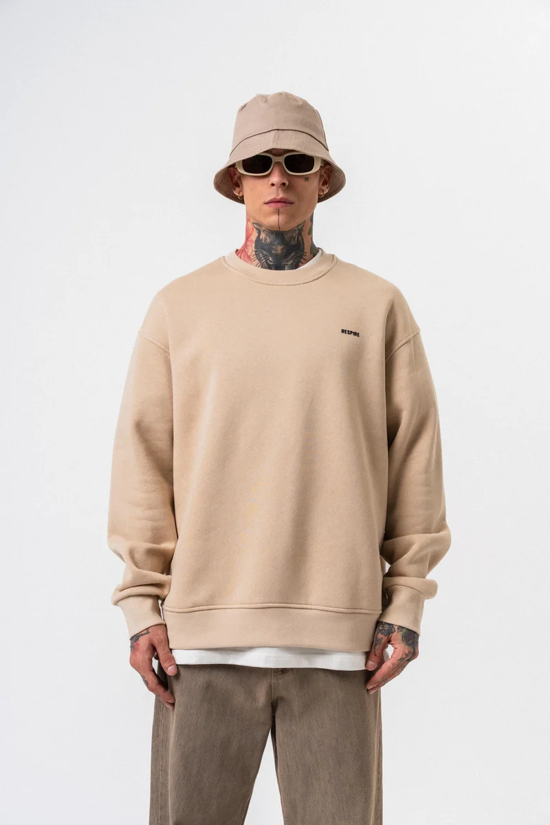 Respire Text Detail Basic Oversized Sweatshirt Beige
