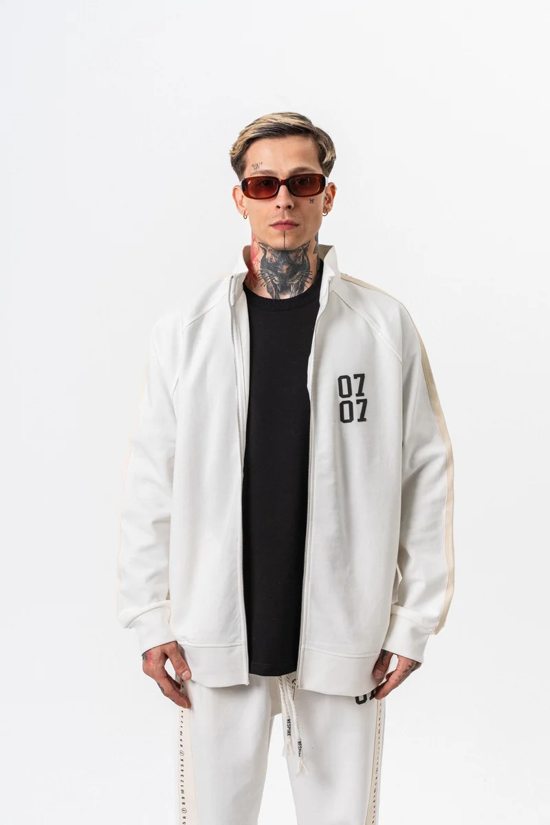 7 Stripe Detail High Neck Doubleface Zip Oversized Sweatshirt Ecru