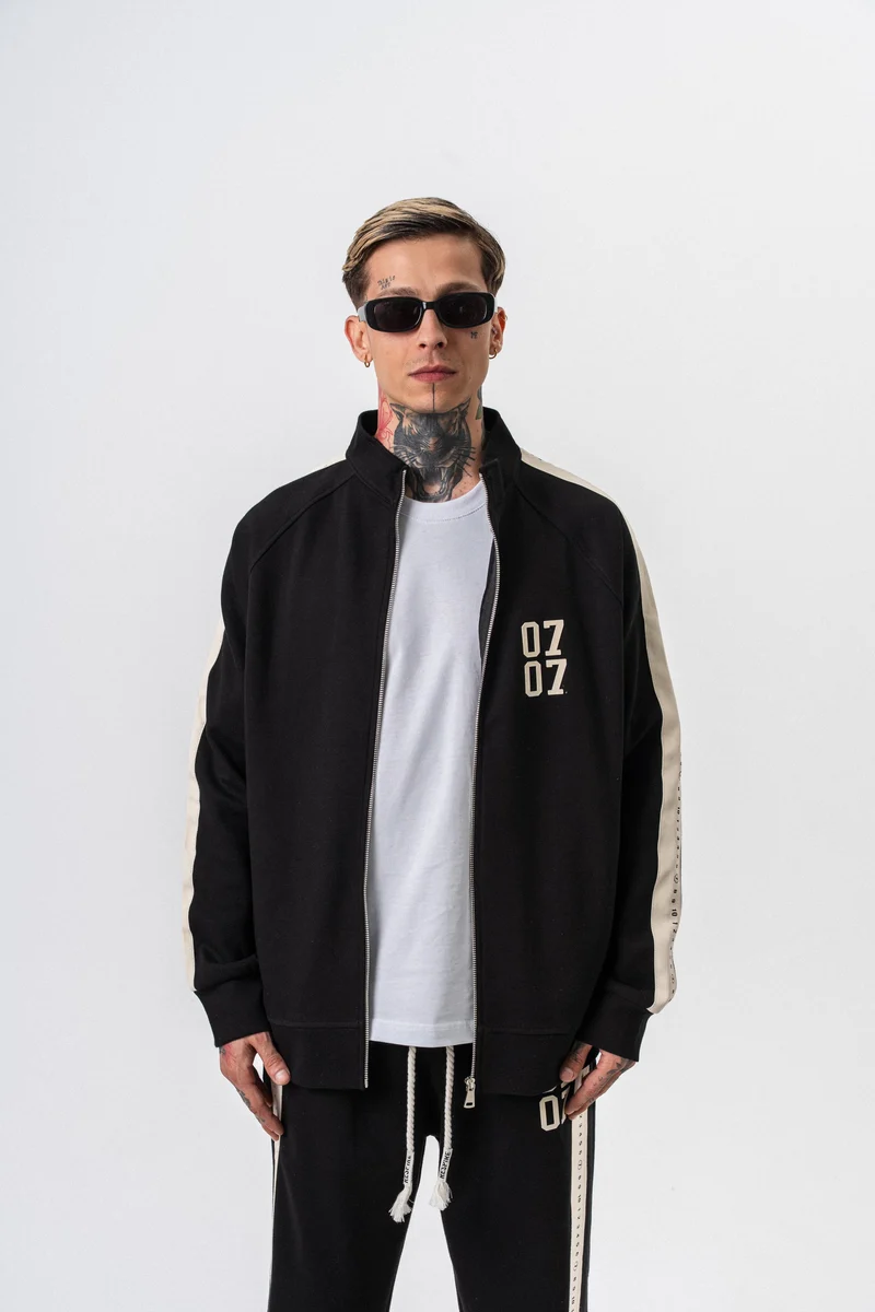 7 Stripe Detail High Neck Doubleface Zip Oversized Sweatshirt Black