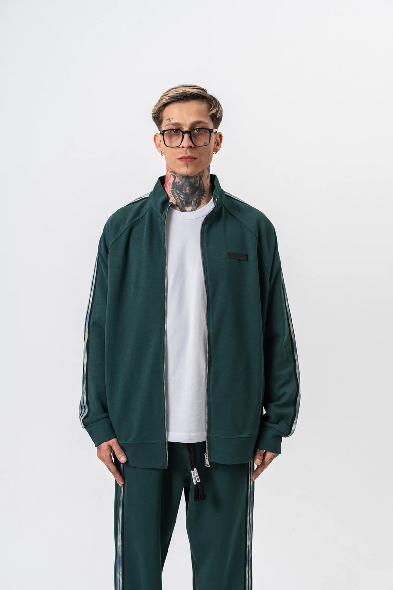 Dark Striped Detail High Neck Doubleface Zip Oversized Sweatshirt Khaki