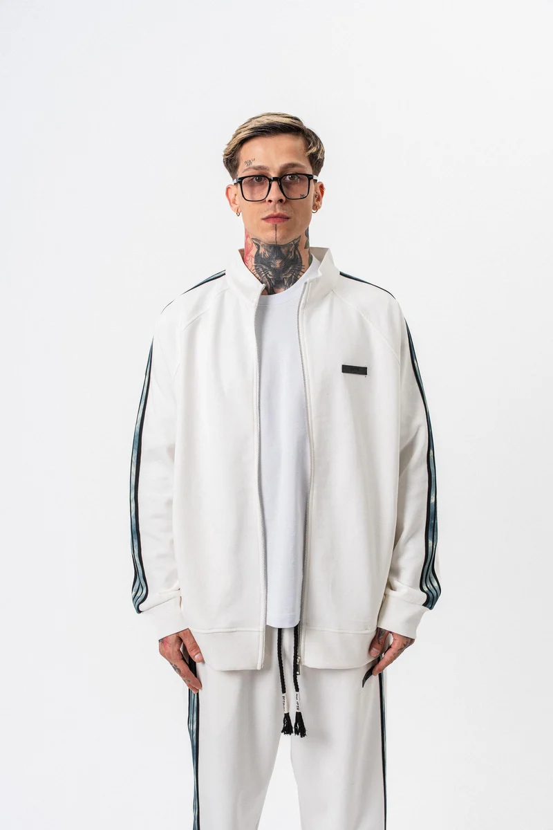 Dark Striped Detail High Neck Doubleface Zip Oversized Sweatshirt Ecru