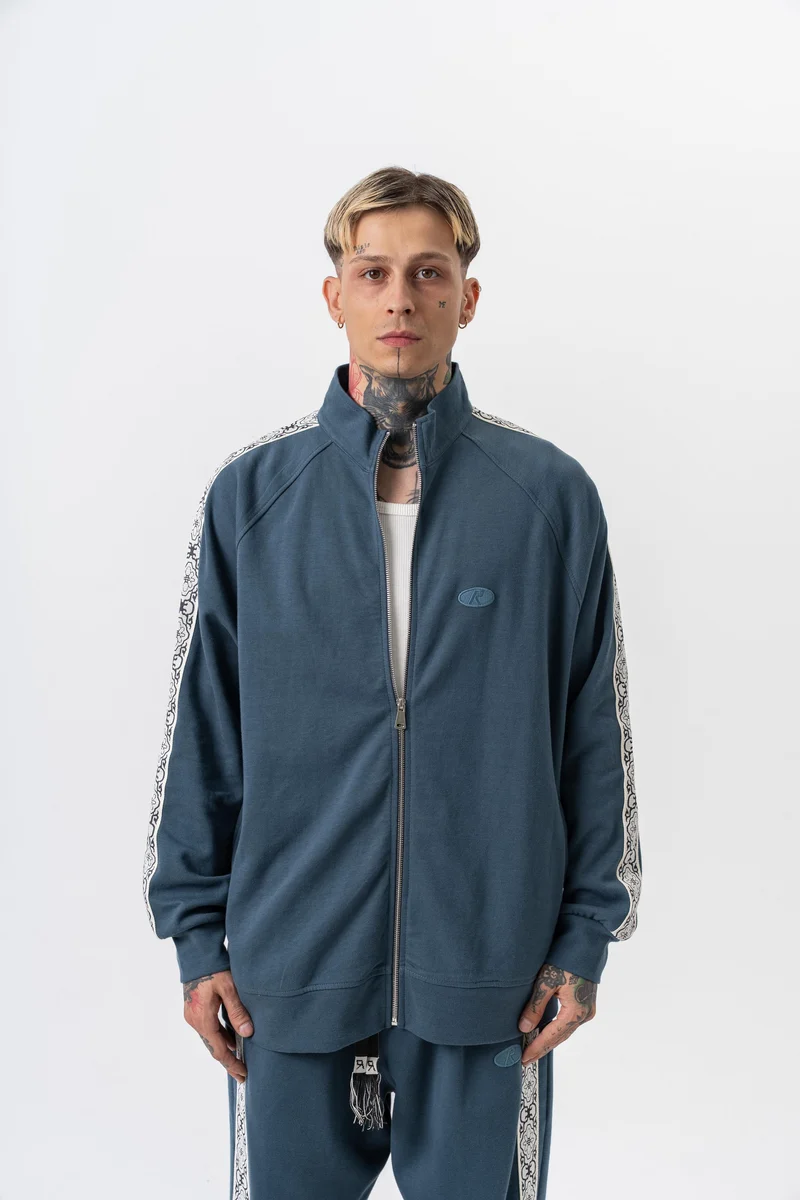 Damask Striped Detail High Neck Doubleface Zip Oversized Sweatshirt Petrol
