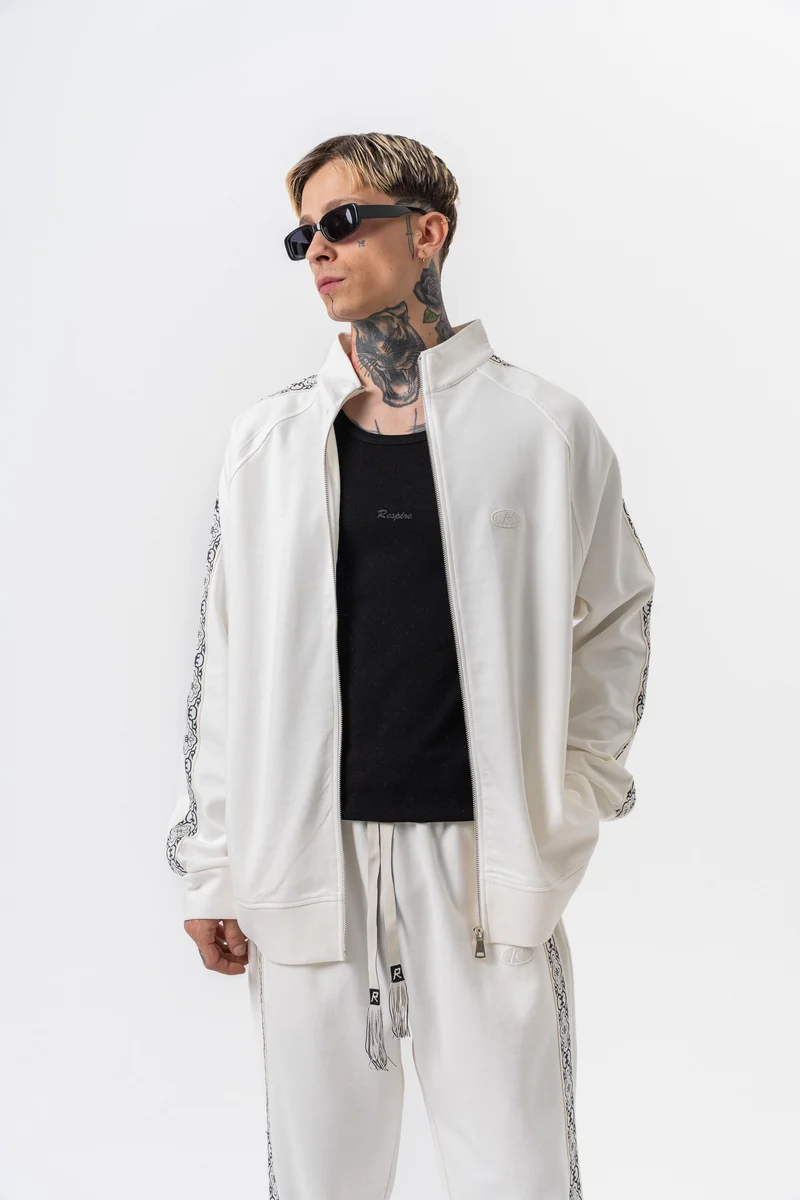 Damask Striped Detail High Neck Doubleface Zip Oversized Sweatshirt Ecru