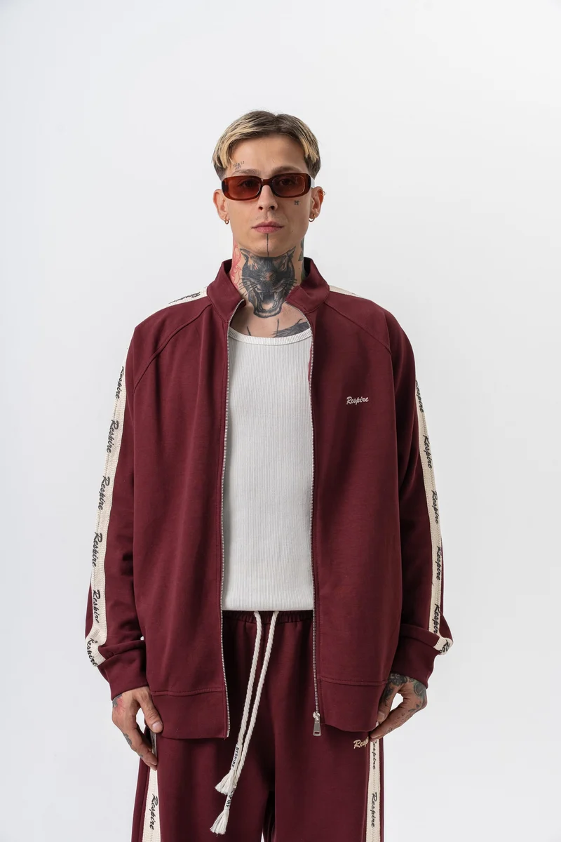 Respire Striped Detail High Neck Doubleface Zip Oversized Sweatshirt Burgundy