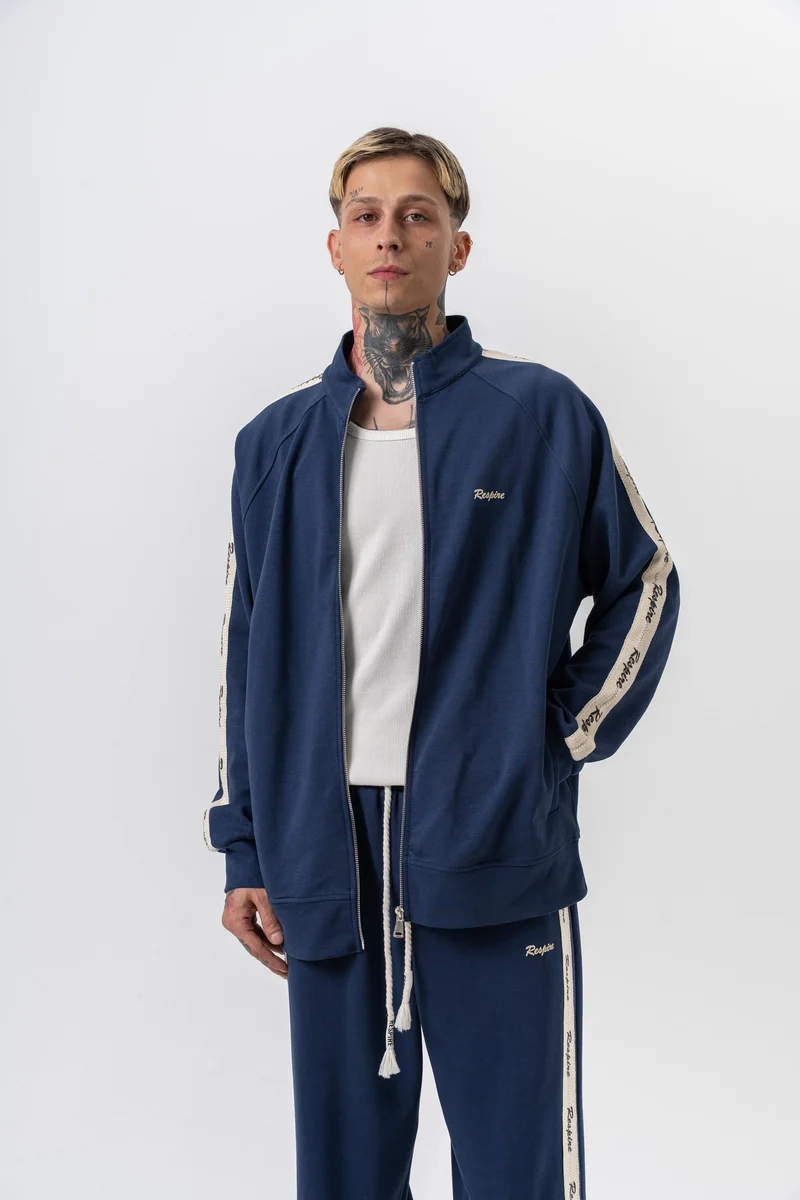 Respire Striped Detail High Neck Doubleface Zip Oversized Sweatshirt Navy