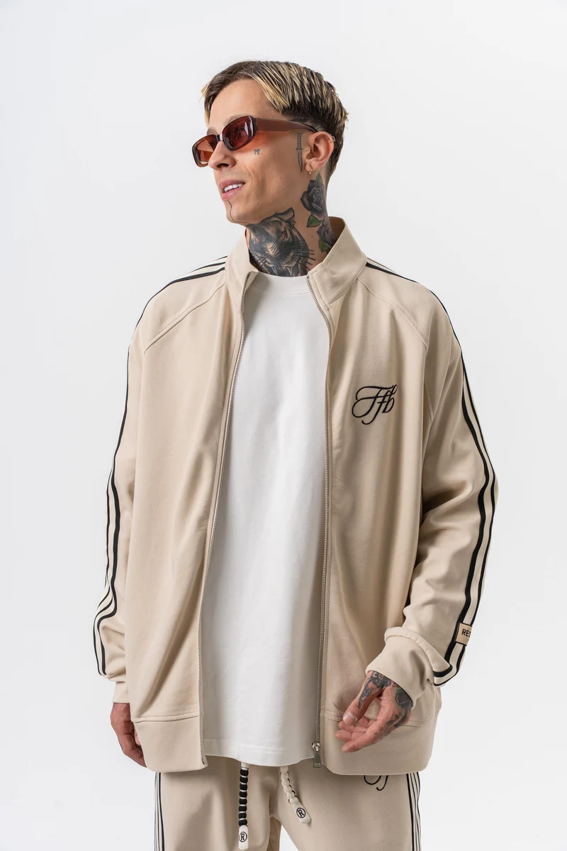 Triple Stripe Detail High Neck Doubleface Zip Oversized Sweatshirt Beige