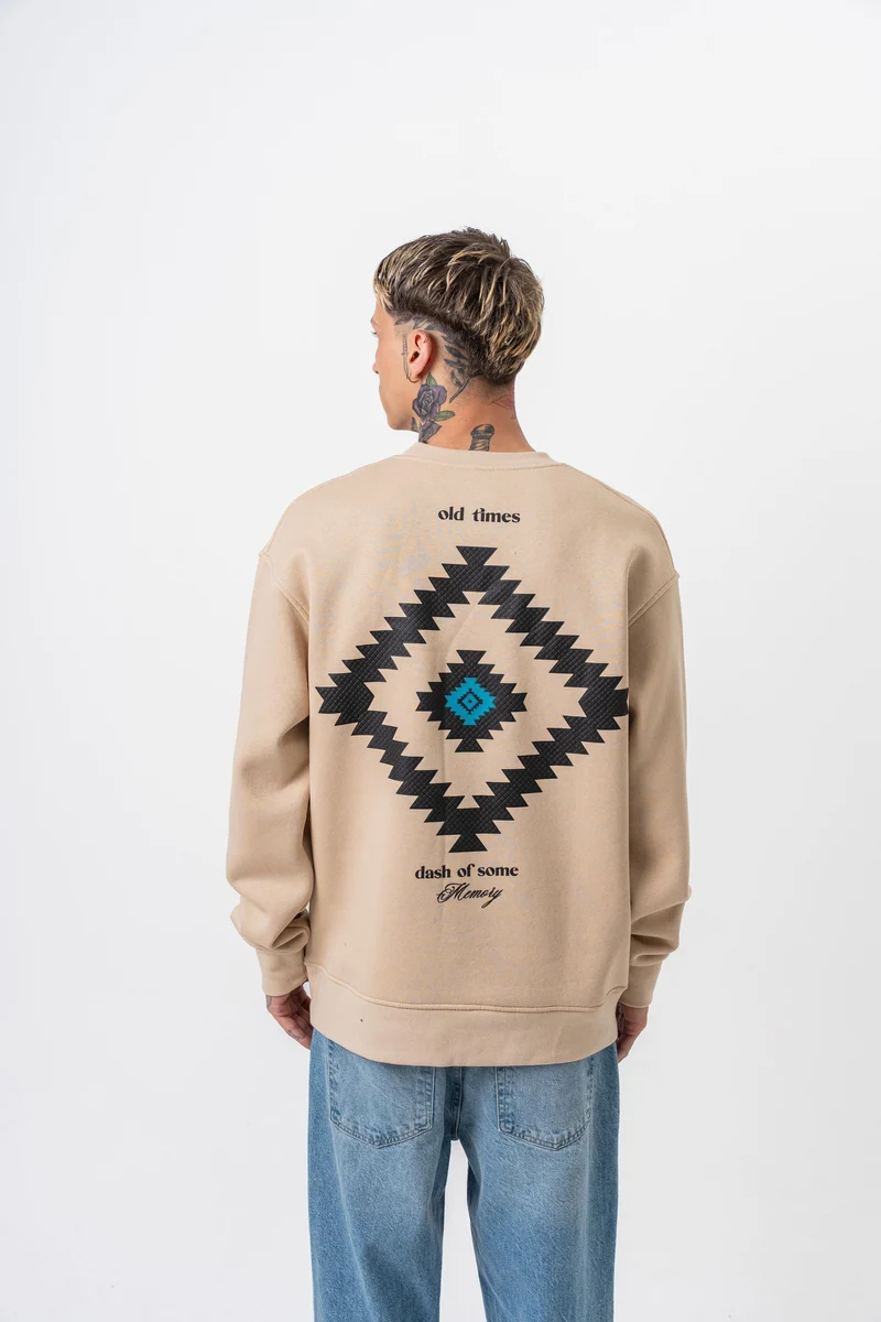 Memory Printed Crew Neck Oversized Sweatshirt Beige
