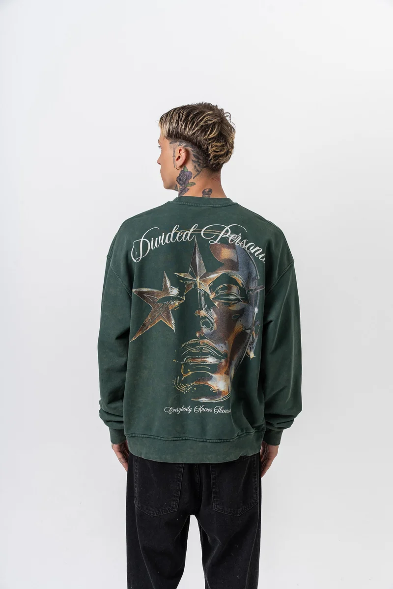 Divided Printed Washed Crew Neck Oversized Sweatshirt Green