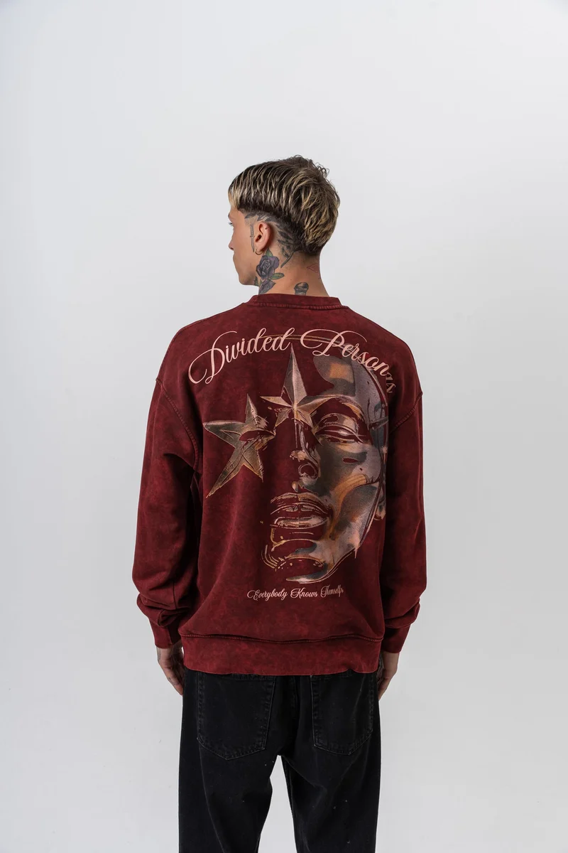Divided Printed Washed Crew Neck Oversized Sweatshirt Burgundy