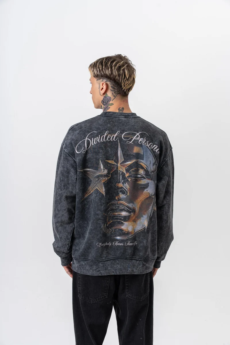 Divided Printed Washed Crew Neck Oversized Sweatshirt Black